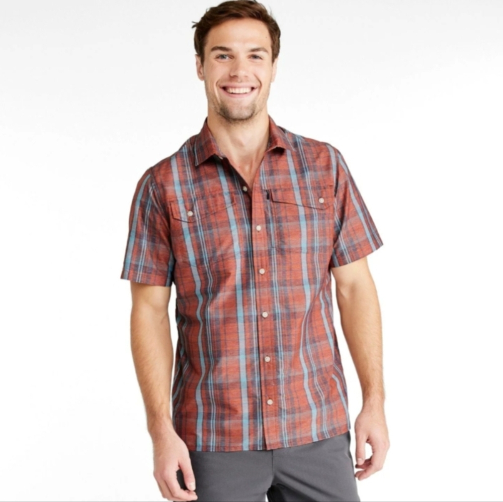 L.L. Bean Men's Short-Sleeve Plaid Button Up Shirt Rust and Blue Size XXL